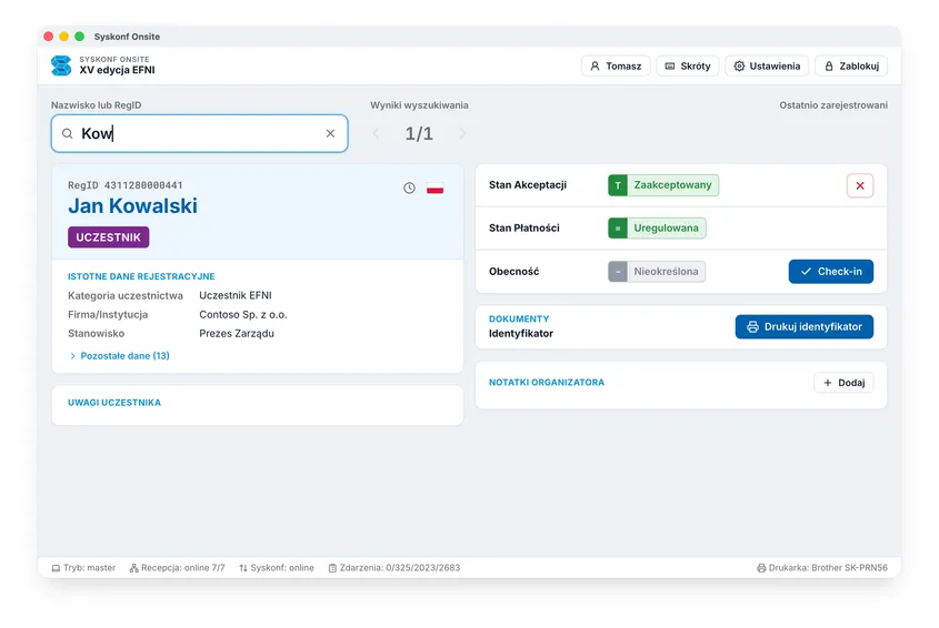 Ekran aplikacji Syskonf Onsite z kartą uczestnika
